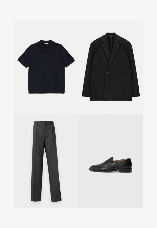 Černé dvouřadové sako s klopami, čtyřmi knoflíky a dvěma předními kapsami s lemem, položené na bílém pozadí.; Černé polo tričko s krátkým rukávem vyrobené z měkké, lehké tkaniny. Obsahuje klasický límec a zapínání na knoflíky vpředu.; Šedé kalhoty na míru vyrobené z texturované tkaniny, s dvěma předními záhyby a rovnými nohavicemi. Bez viditelných kapes nebo ozdob.; Černé kožené mokasíny s kulatou špičkou, jemným prošíváním a nízkým podpatkem, s hladkým povrchem a minimalistickým designem.
