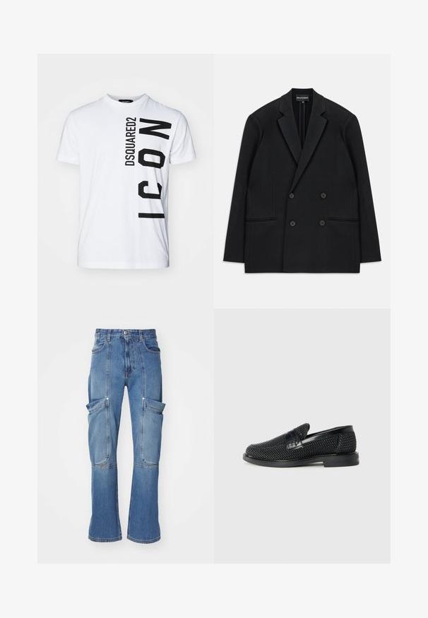 Black double-breasted blazer with notch lapels, four buttons, and two front welt pockets, laid flat on a white background.; White cotton t-shirt with a crew neck featuring bold black vertical text "DSQUARED2 ICON." Short sleeves and a relaxed fit.; Denim cargo pants in light blue with a high waist, multiple side pockets, and flared legs, featuring contrasting stitching and a zip closure.; Black woven slip-on shoe with a smooth leather accent on the upper, a round toe design, and a low-profile rubber sole.