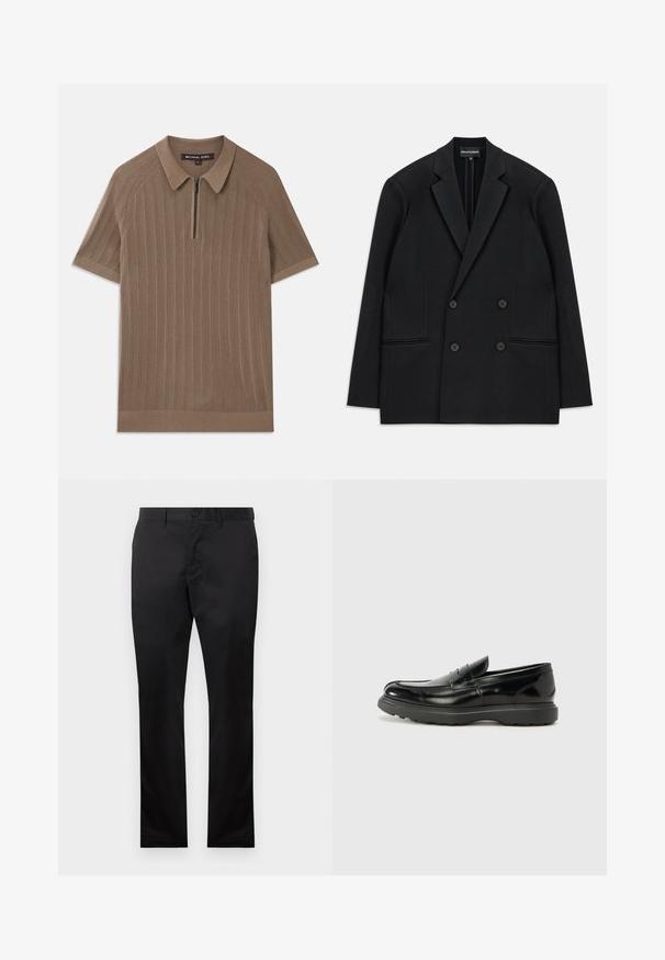 Sort dobbeltradet blazer med klapkraver, fire knapper og to forreste paspolerede lommer, lagt fladt på en hvid baggrund.; Brun ribbet strikket polo skjorte med korte ærmer, krave og halv-lynlås foran, mærket Michael Kors, størrelse medium.; Sorte bomuldsbukser med lige ben-design, der har en frontknaplukning og sidelommer, glat tekstur, ingen synlige mønstre.; Sort læderloafer med en blank finish, rund tå, subtile syninger og en tyk gummisål for holdbarhed.