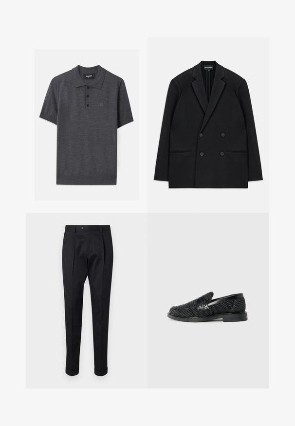 Blazer nero doppiopetto con rever a punta, quattro bottoni e due tasche a filetto frontali, steso su uno sfondo bianco.; Polo shirt grigio scuro realizzato in un tessuto liscio, caratterizzato da un'apertura con tre bottoni, maniche corte e un logo in rilievo discreto sul petto.; Pantaloni neri realizzati in un tessuto liscio, con una piega sul davanti, chiusura con bottone e risvolti alla caviglia.; Scarpa nera a mocassino intrecciata con un accentuato in pelle liscia sulla parte superiore, design a punta rotonda e suola in gomma a profilo basso.