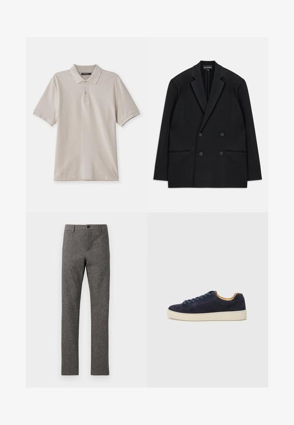 Zwarte dubbelzijdige blazer met reverskraag, vier knopen en twee voorzakken, vlak op een witte achtergrond gelegd.; Beige poloshirt van katoen, met een klassieke kraag, korte mouwen en een subtiel geborduurd logo op de linkerkant van de borst.; Grijze broek in een gestructureerde, geweven stof. Pasvorm met een flatte voorkant, rits en enkele knoopsluiting. Geen extra zakken zichtbaar.; Marine blauwe suedekleurige low-top sneaker met ronde neus, off-white rubberen zool en bijpassende veters; heeft een contrasterende tan interieur voering.