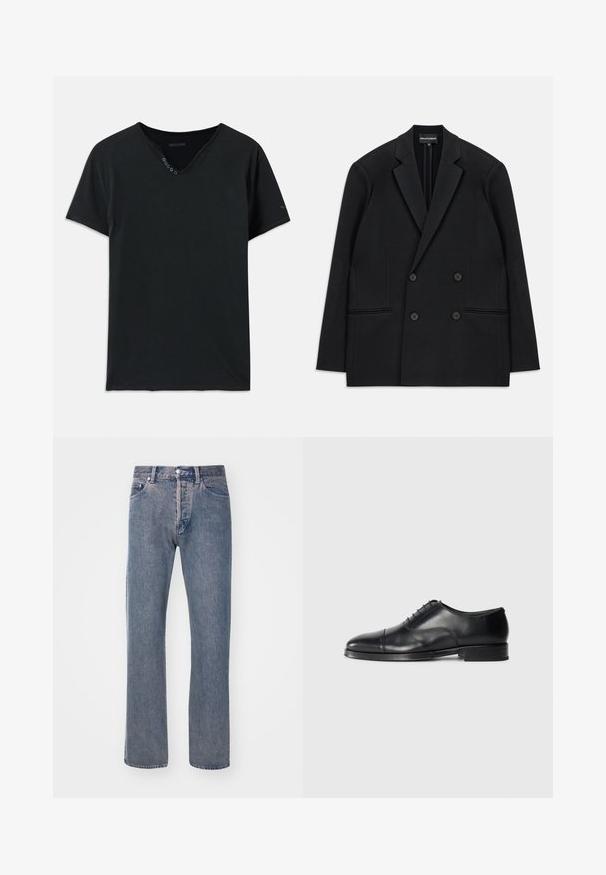 Črni dvoredni suknjič z odrezanimi klapnicami, štirimi gumbi in dvema sprednjima žepoma, razporejen na beli podlagi.; Črna bombažna majica s kratkimi rokavi in V-izrezom, opremljena z petimi gumbi na izrezu. Gladka tekstura z minimalnimi šivi.; Svijetloplave traperice ravnog kroja, izrađene od traper tkanine, s pet džepova, patentnim zatvaračem i kontrastnim šavovima.; Črne usnjene oblečne čevlje z zaobljenim nosom, gladko teksturo, vezalnim dizajnom in subtilnim šivom, z nizko ravno peto.