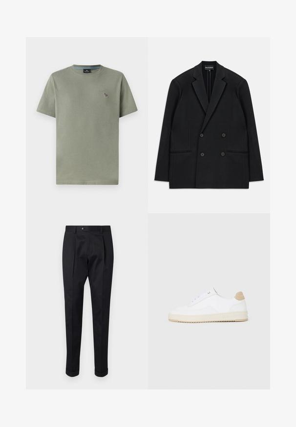 Čierny dvojradový blazer s klopovými reverzami, štyrmi gombíkmi a dvoma prednými vreckami, ležiaci na bielom pozadí.; Olivovo zelené bavlnené tričko s okrúhlym výstrihom, krátkymi rukávmi a malým vyšívaným dizajnom na ľavej hrudi. Hladká textúra, voľný strih.; Čierne nohavice vyrobené zo hladkej látky, s skladom vpredu, zapínaním na gombík a roľovanými manžetami na členkoch.; Biele nízke tenisky s textúrovaným koženým zvrškom, krémovou drážkovanou podrážkou a akcentom v hnedej farbe na podpätku. Majú biele šnúrky a detail loga na päte.
