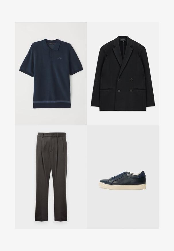Juodas dvigubas švarkas su išpjautomis apykaklėmis, keturiais mygtukais ir dviem priekinių kišenių iškarpomis, padėtas ant balto fono.; Tamsiai mėlyna polo marškinė su tekstūruotu audiniu, trumpomis rankovėmis, mygtukų užtrauktuku ir subtiliu logotipu ant krūtinės. Apačia turi kontrastingą apdailą.; Tamsiai pilki kelnės, pagamintos iš tekstūruoto audinio, su plokščiu priekiniu pjūviu, klostėmis, tiesiomis kojomis ir diržo kilputėmis. Matomų metalinių detalių ar raštų nėra.; Tamsiai mėlynos odinės sportbačiai su kreminiu guminiu padu, turintys mėlynas raišteles ir lygų paviršių. Suapvalintas pirštas ir minimalistinis dizainas.