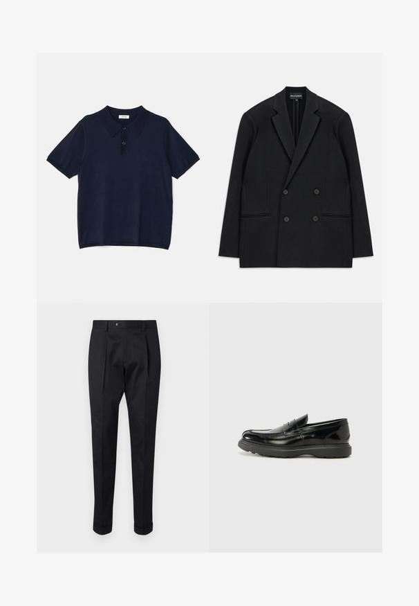 Svart dubbelknäppt Blazer med slagkrage, fyra knappar och två framfickor, utlagd platt på en vit bakgrund.; sandro Piké - marine; Svarta byxor i ett glatt tyg, med en veck fram, knappstängning och uppvikta nederkant vid anklarna.; Svart läderloaferskor med en glänsande yta, rund tå, diskreta söm detaljer och en tjock gummisula för hållbarhet.
