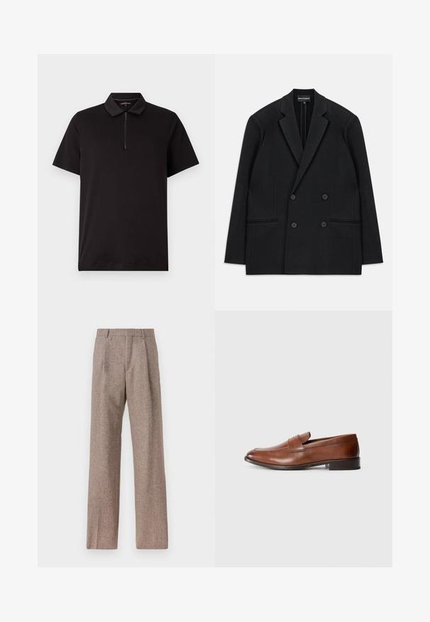 Musta kaksirivinen bleiseri, jossa on sakarat, neljä nappia ja kaksi etutaskua, aseteltuna tasaiseksi valkoiselle taustalle.; Musta polo-paita, joka on valmistettu pehmeästä kankaasta. Se siinä on vetoketjulla varustettu kaulus ja lyhyet hihat. Yksinkertainen muotoilu ilman kuvioita tai lisäkoristeita.; Ruskejat, korkeavyötäröiset housut, jotka on valmistettu teksturoidusta kankaasta. Ominaisuuksina ovat leveät lahkeet ja kaksi etupuolelle ommeltua laskosta rakenteen tukemiseksi. Siisti viimeistely ilman näkyvää metalliosaa.; Ruske nahkakengät, joissa on pyöreä kärki, minimaalinen ommel ja matala lohkopohja. Ominaisuuksiin kuuluu koristeellinen hihna vampin poikki.