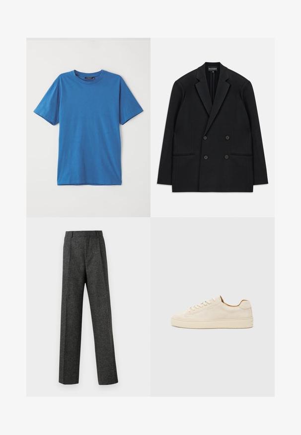 Blazer preto de corte duplo com lapelas de pico, quatro botões e dois bolsos frontais, colocado em plano sobre um fundo branco.; T-shirt azul de algodão com mangas curtas, decote redondo e uma textura suave. Sem padrões ou detalhes. Design simples e clássico.; Calças cinzentas ajustadas, feitas de um tecido texturizado, com duas pregas frontais e um design de perna reta. Sem bolsos visíveis ou enfeites.; Sapatilhas de camurça bege com um design de cano baixo, bico redondo, atacadores planos e uma sola de borracha texturizada. Estilo minimalista sem logótipos visíveis.