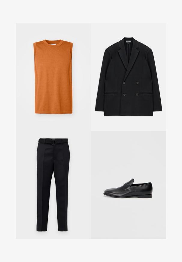 Black double-breasted blazer with notch lapels, four buttons, and two front welt pockets, laid flat on a white background.; Sleeveless orange knit top with a round neckline, smooth texture, and a straight cut design, featuring a clean hem and minimal detailing.; Black tailored trousers feature a smooth fabric, straight cut, and a belted waist with a rectangular buckle. Notable front creases enhance the design.; Black leather slip-on shoe with a pointed toe, smooth texture, and subtle branding on the side. Low heel with a clean, minimal design.
