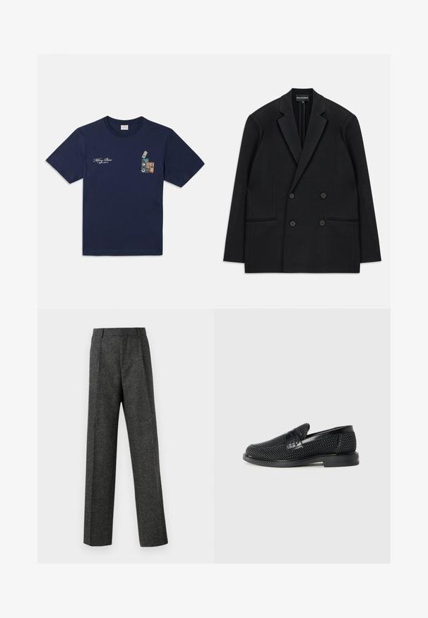 Blazer preto de corte duplo com lapelas de pico, quatro botões e dois bolsos frontais, colocado em plano sobre um fundo branco.; T-shirt de algodão azul marinho com mangas curtas, apresentando uma ilustração de cassetes empilhadas e o texto "Killing Bees" no peito.; Calças cinzentas ajustadas, feitas de um tecido texturizado, com duas pregas frontais e um design de perna reta. Sem bolsos visíveis ou enfeites.; Sandalha preta entrelaçada com um accento de couro liso na parte superior, design de biqueira redonda e sola de borracha de perfil baixo.