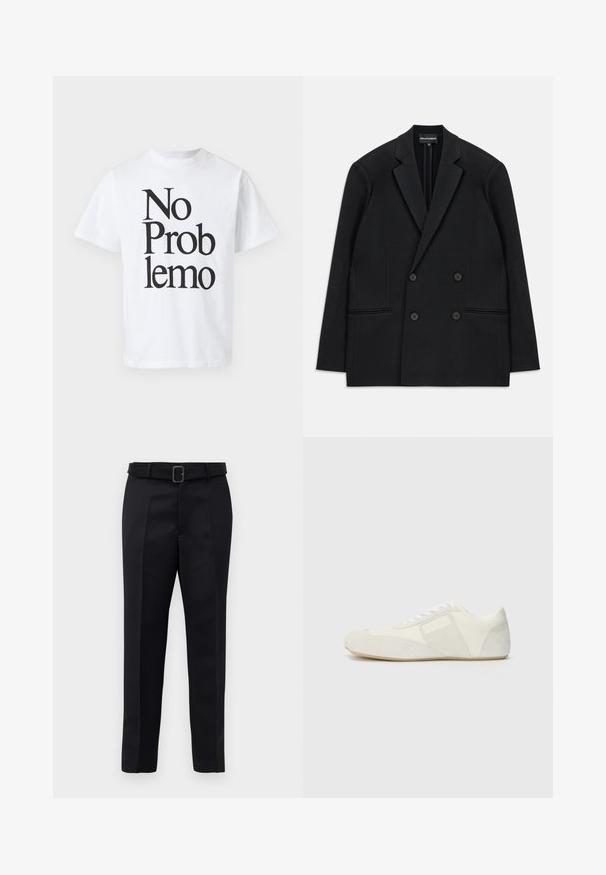 Fekete, kétsoros blézer, ovális hajtókákkal, négy gombbal és két elülső zsebel, fehér háttéren fekve.; Fehér pamut póló, fekete szöveggel, amelyen a "No Problemo" felirat változó betűméretekben található. Klasszikus kerek nyakú dizájn rövid ujjakkal.; A fekete, szabott nadrág sima anyagból készült, egyenes szabású, és övvel rendelkezik, amelynek téglalap alakú csatja van. A figyelemre méltó elülső redők fokozzák a dizájnt.; Fehér sportcipő, elegáns dizájnnal, velúr orral, bőr panelekkel és kontrasztos textúrájú részletekkel. Lapos gumitalp.