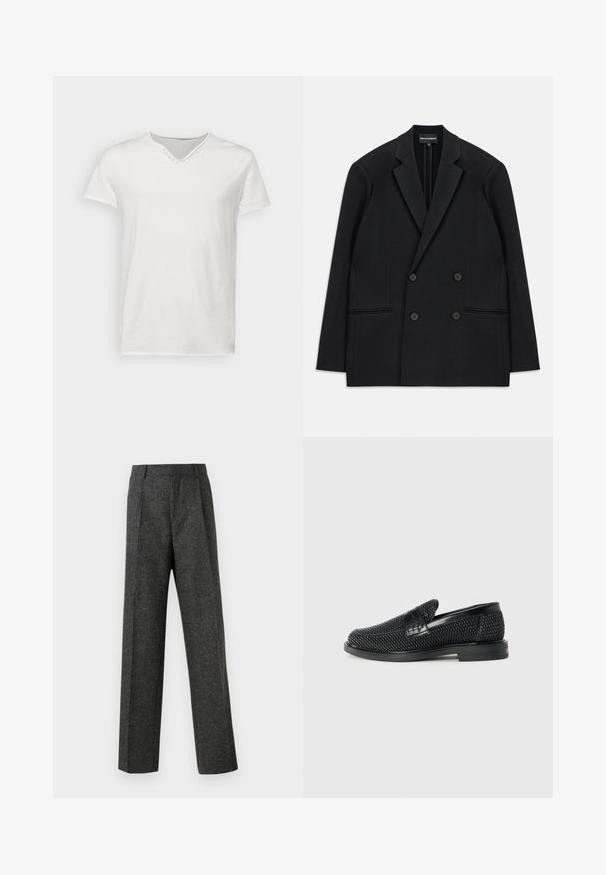 Zwarte dubbelzijdige blazer met reverskraag, vier knopen en twee voorzakken, vlak op een witte achtergrond gelegd.; Witte T-shirt met korte mouwen, gemaakt van zachte katoen. Heeft een V-hals met een decoratieve knoopdetail nabij de halslijn. Glad van structuur.; Grijze op maat gemaakte broek van gestructureerde stof, met twee voorplooien en een rechte pijp. Geen zichtbare zakken of versieringen.; Zwartegeweven instap schoenen met een glad leren accent aan de bovenkant, een ronde neusontwerp en een laag profiel rubberen zool.