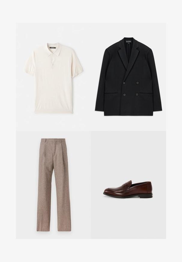 Mustrist kellega kahe nööbiga bleiser, millel on (š)lõhikogupist. Empooris on neli nööpi ja kaks eesmine ideide tasku, asetatud valge tausta peale.; Hele beeži polo särk klassikalise kraega, kolme nööbiga esitusel ja lühikeste varrukatega. Valmistatud pehmest ja siledast kangast. Lihtne kujundus, ilma mustriteta.; Prunnid, kõrge vöökohaga püksid, mis on valmistatud tekstureeritud kangast. Omavad laiu jalgu ja kahte eesmist voldikut struktuuri jaoks. Korralik viimistlus, ilma nähtava riistvarata.; Pruunist nahast loafers'd ümara varbaga, eesrinde rihma detailiga ja madala kühveldatud kanna ning siledalt tekstuurilt, minimaalse dekoratiivsete aktsentidega.