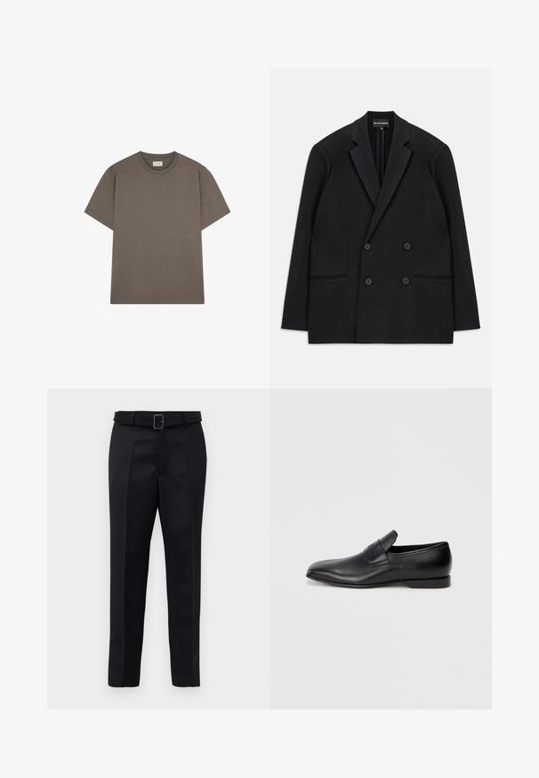 Musta kaksirivinen bleiseri, jossa on sakarat, neljä nappia ja kaksi etutaskua, aseteltuna tasaiseksi valkoiselle taustalle.; Scalpers SOLID - T-paita - brown; Mustat räätälöidyt housut on valmistettu sileästä kankaasta, niissä on suora leikkaus ja vyötäröllä solki, jossa on suorakulmainen muoto. Huomattavat etu taitteet parantavat muotoilua.; Musta nahkainen liukukengä, jossa on terävä kärki, sileä pinta ja huomaamaton brändäys sivussa. Matala korko ja siisti, minimalistinen muotoilu.