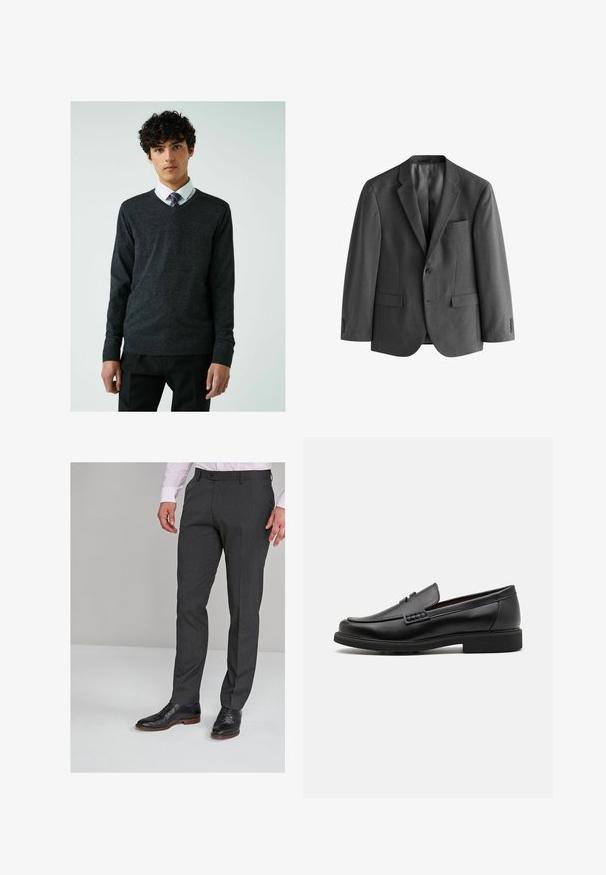 Harmaan bleiserin valmistuksessa on käytetty teksturoitua kangasta, ja siinä on yksittäinen napitus, notched-lapelit ja rintatasku. Mukana on myös kaksi etutaskua.; Next RICH V-NECK - Neule - charcoal grey; Harmaat räätälöidyt housut, joissa on sileä pinta, litteä etuosa ja vyölenkit, yhdistettynä mustiin siistit kenkiin.; Musta keinotekoinen mokka, jossa on korostettu ommeltu etuosa, pehmeä sisäpohja ja litteä kumipohja; tyylikäs muotoilu, jossa on vähäistä yksityiskohtaisuutta.