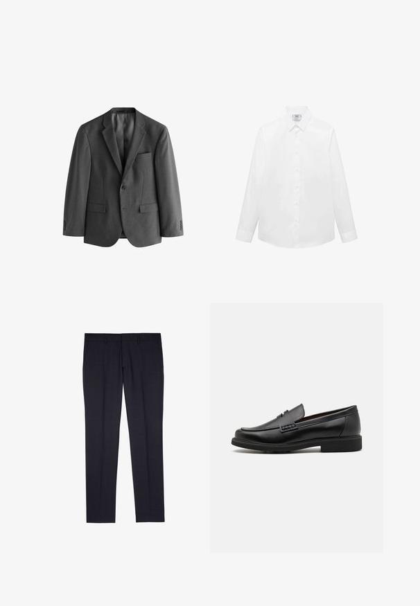Grijze blazer van textuurstof, met een knoopsluiting met één knop, notch revers en een borstzak. Twee voorzakken zijn inbegrepen.; Witte langlopende shirt met lange mouwen, gemaakt van gladde stof, met een klassieke kraag, knoopsluiting en een gebogen zoom. Minimalistisch ontwerp zonder patronen.; Marineblauwe pantalon in een textuurstof, met een rechte snit, riemlussen en twee zijzakken voor functionaliteit.; Zwarte synthetische loafers met een opvallende gestikte voorkant, gevoerde binnenzool en platte rubberen buitenzool; slank ontwerp met minimale details.