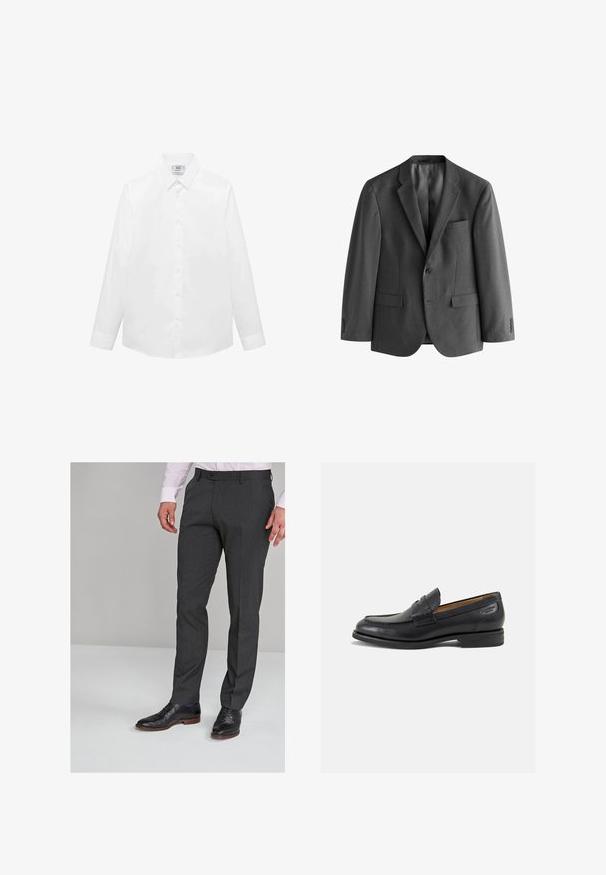 Grijze blazer van textuurstof, met een knoopsluiting met één knop, notch revers en een borstzak. Twee voorzakken zijn inbegrepen.; Witte langlopende shirt met lange mouwen, gemaakt van gladde stof, met een klassieke kraag, knoopsluiting en een gebogen zoom. Minimalistisch ontwerp zonder patronen.; Grijze op maat gemaakte broeken met een gladde textuur, voorzien van een vlakke voorkant en riemlussen, gecombineerd met zwarte dresschoenen.; Zwarte leren loafers met een gladde afwerking, ronde neus en decoratieve stiksels op de wreef. Lage gestapelde hak en een lichte glans.