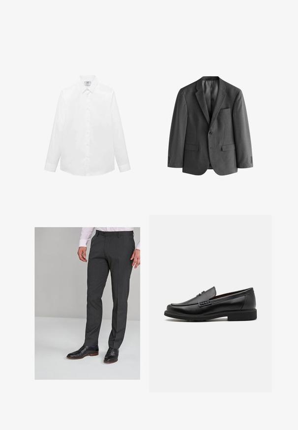 Grijze blazer van textuurstof, met een knoopsluiting met één knop, notch revers en een borstzak. Twee voorzakken zijn inbegrepen.; Witte langlopende shirt met lange mouwen, gemaakt van gladde stof, met een klassieke kraag, knoopsluiting en een gebogen zoom. Minimalistisch ontwerp zonder patronen.; Grijze op maat gemaakte broeken met een gladde textuur, voorzien van een vlakke voorkant en riemlussen, gecombineerd met zwarte dresschoenen.; Zwarte synthetische loafers met een opvallende gestikte voorkant, gevoerde binnenzool en platte rubberen buitenzool; slank ontwerp met minimale details.