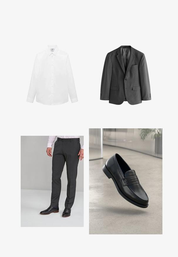 Grauer Blazer aus strukturiertem Stoff, mit einem Ein-Knopf-Verschluss, Reverskragen und einer Brusttasche. Zwei vordere Taschen sind ebenfalls enthalten.; Weißes Langarmhemd aus glattem Stoff, mit klassischem Kragen, Knopfleiste und abgerundetem Saum. Minimalistisches Design ohne Muster.; Grau maßgeschneiderte Hosen mit glatter Textur, flachem Vorderteil und Gürtelschlaufen, kombiniert mit schwarzen Schnürschuhen.; Schwarzer Lederloafer mit glatter Textur, spitzer Zehe und einem dekorativen Riemen über dem Rist. Leichte Sohle, minimalistisches Design.