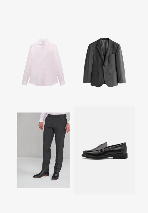Grijze blazer van textuurstof, met een knoopsluiting met één knop, notch revers en een borstzak. Twee voorzakken zijn inbegrepen.; Roze langemouwen shirt met een klassieke kraag, zeven witte knopen aan de voorkant en een gebogen zoom. Glad, lichtgewicht stof.; Grijze op maat gemaakte broeken met een gladde textuur, voorzien van een vlakke voorkant en riemlussen, gecombineerd met zwarte dresschoenen.; Zwarte synthetische loafers met een opvallende gestikte voorkant, gevoerde binnenzool en platte rubberen buitenzool; slank ontwerp met minimale details.
