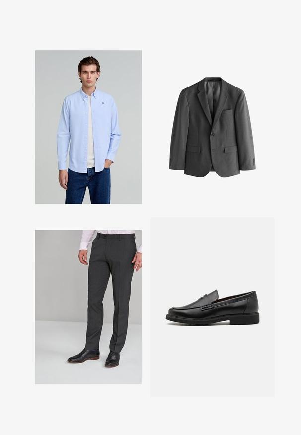 Sacou gri din material texturat, cu închidere cu un singur nasture, rever tip notch și un buzunar pe piept. Include două buzunare frontale.; Cămașă bleu deschis din bumbac, cu un mic logo negru în formă de craniu pe piept, purtată împreună cu blugi din denim albastru.; Pantaloni gri, croiți, cu o textură netedă, având un front plat și curea pentru brâu, asociați cu pantofi negri de ceremonie.; Mocasini negri din material sintetic, cu un vârf cusut proeminent, interior căptușit și talpă plată din cauciuc; design elegant cu detalii minime.