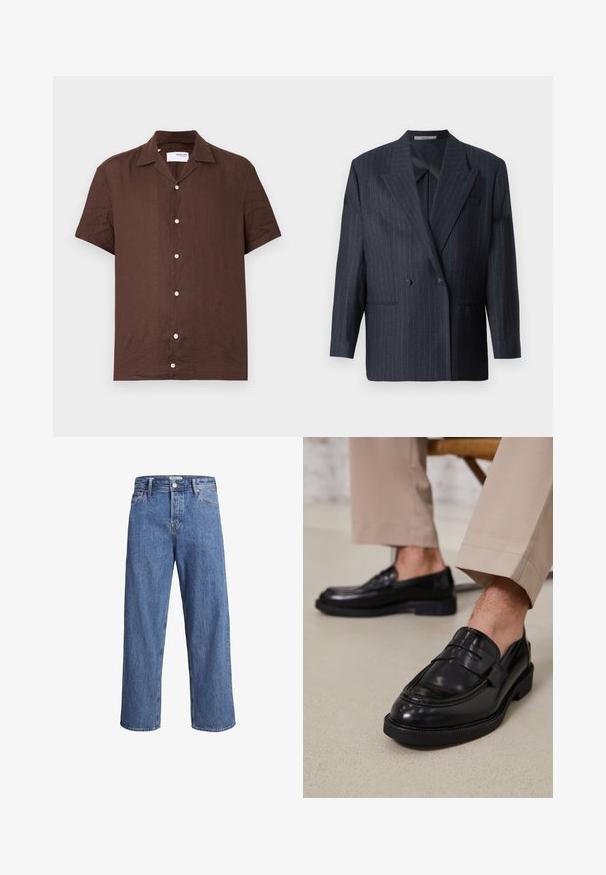 Tamsiai mėlynai dryžuotas dvigubas švarkas su plačiomis apykaklėmis, pagamintas iš tekstūruotos medžiagos. Yra kišenės ir du mygtukai.; Dondup REGULAR FIT SHIRT - Džemperis - cioccolato; Trumpas rankovėmis, gumbinės marškiniai tamsiai rudos spalvos linine medžiaga. Yra įpjautas apykaklė ir penki šviesūs mygtukai priekyje. Lygi tekstūra.; Šviesiai mėlynos džinsinės kelnės su tiesiu kirpimu, aukštu liemeniu ir minimaliais siuvimo detalėmis. Audinys yra minkštas, šiek tiek nublukęs.; Juodi odiniai loaferiai su lygia apdaila, su dekoratyvine juosta ir kontrastinėmis siūlėmis, derinami su bežinėmis kelnėmis.