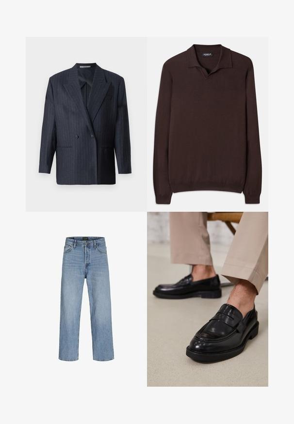 Sacou bleumarin cu dungi fine, dublu butonat, cu rever larg, confecționat dintr-un material texturat. Dispune de buzunare aplicate și două butoane.; Dondup REGULAR FIT SHIRT - Pulover - cioccolato; Blugi din denim de culoare albastru deschis, cu talie înaltă, croială dreaptă, cinci buzunare și închidere cu nasture. Spălare clasică cu distresare minimă.; Loafers negre din piele cu o finisare netedă, având o curea decorativă și cusături contrastante, asortați cu pantaloni bej.