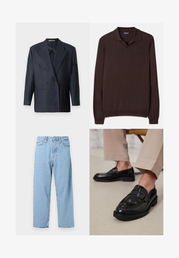 Blazer de rayas navy de doble botonadura con solapas anchas, hecho de una tela texturizada. Presenta bolsillos parche y dos botones.; Dondup REGULAR FIT SHIRT - Jersey de punto - cioccolato; Vaqueros de cintura alta de corte recto en azul claro, con cinco bolsillos y cierre frontal con botón y cremallera.; Mocasines de cuero negro con un acabado suave, que cuentan con una correa decorativa y costuras en contraste, combinados con pantalones beiges.
