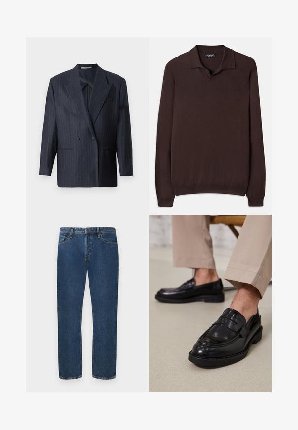 Námořnický pruhovaný dvouřadý blazer s širokými klopami, vyrobený z texturované tkaniny. Obsahuje náprsní kapsy a dva knoflíky.; Dondup REGULAR FIT SHIRT - Svetr - cioccolato; Tmavě modré džíny s rovnými nohavicemi, které mají pět kapes a zapínání na knoflík. Tkanina má viditelnou strukturu a jemné vyblednutí.; Černé kožené loafers s hladkým povrchem, zdobené páskem a kontrastním prošíváním, spárované s béžovými kalhotami.