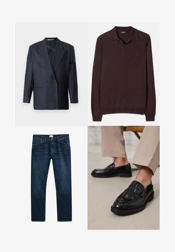 Marineblauwe gestreepte dubbelgeknoopte blazer met brede revers, gemaakt van een textuurstof. Voorzien van opgestikte zakken en twee knopen.; Dondup REGULAR FIT SHIRT - Trui - cioccolato; Donkerblauwe denim jeans met een rechte pijp, knoop- en ritssluiting en voorzakken. Gladde textuur en minimale vervaging.; Zwarte leren loafers met een gladde afwerking, voorzien van een decoratieve band en contrasterende stiksels, gecombineerd met beige broeken.