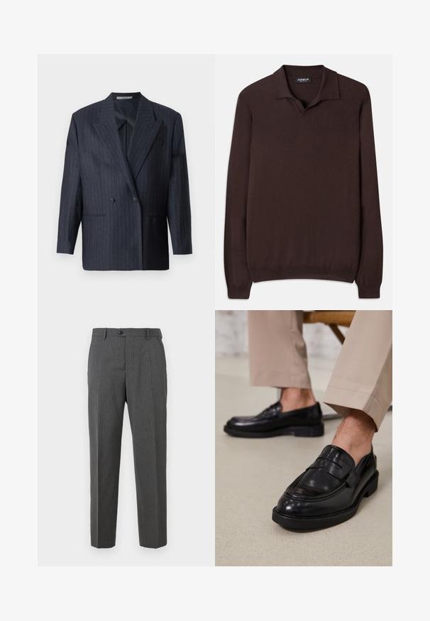 Tumesinine triibuline kahekordne jope laia kraega, valmistatud tekstureeritud kangast. Omab kott-taskute ja kahe nupu detaile.; Dondup REGULAR FIT SHIRT - Džemper - cioccolato; Söepruun meeste ülikondipüksid õrnade triipudega, nööbiga kinnitamine, vööloopide ja sirge lõikega, valge tausta ees.; Mustad nahast mokassiinid sileda viimistlusega, dekoratiivse rihma ja kontrastõmblustega, koos beežide pükstega.