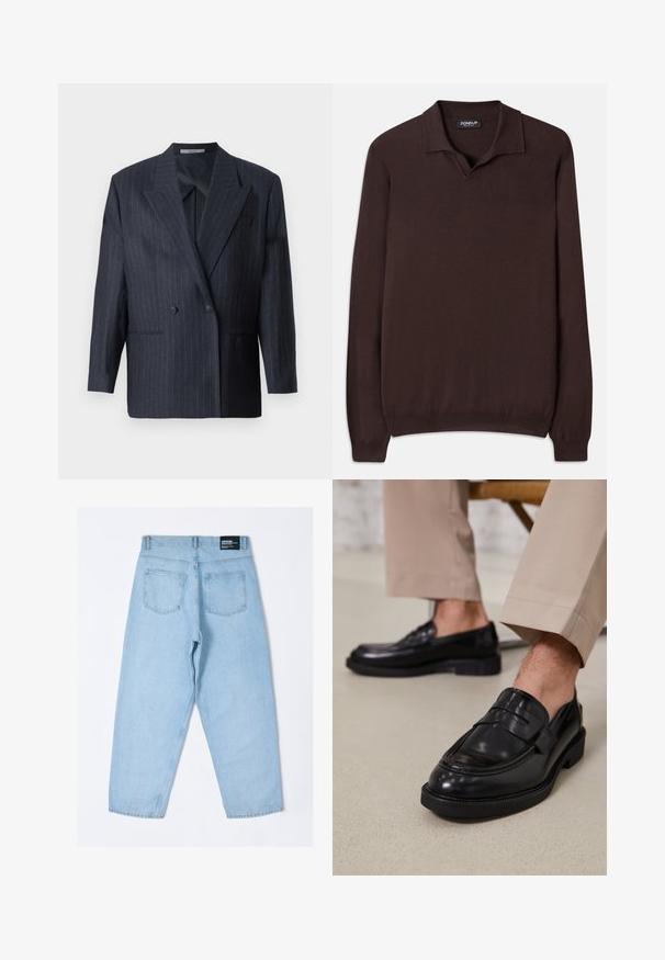 Blazer croisé à rayures marines, avec de larges revers, fabriqué dans un tissu texturé. Doté de poches appliquées et de deux boutons.; Dondup REGULAR FIT SHIRT - Pullover - cioccolato; Jean en denim bleu clair avec une coupe décontractée, comportant deux poches arrière et une étiquette visible sur la taille. Texture lisse, design à jambe droite.; Mocassins en cuir noir avec une finition lisse, ornés d'une sangle décorative et de coutures contrastées, associés à un pantalon beige.