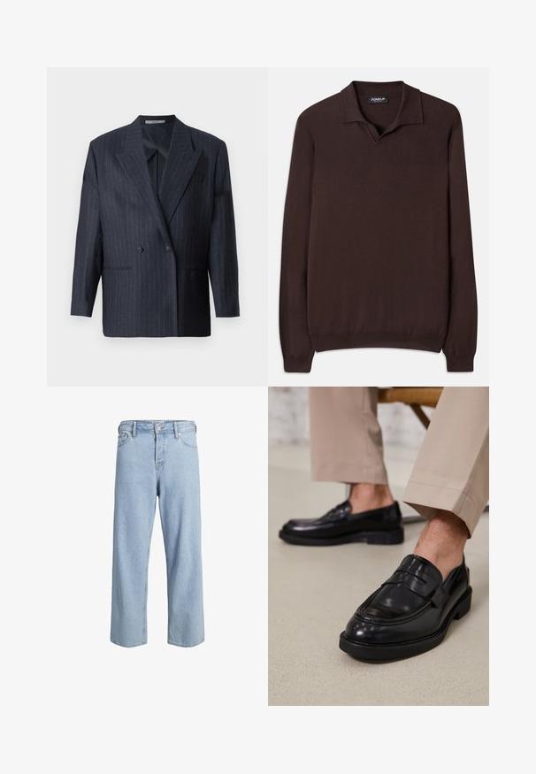 Mornarško prugasta dvoredna blazer jakna z širokimi reverji, izdelana iz teksturirane tkanine. Ima žepe na obeh straneh in dva gumba.; Dondup REGULAR FIT SHIRT - Pulover - cioccolato; Svetlo modri denim jeans z širokim krojem, visokim pasom, sprednjimi žepi in gumbnim zapiranjem. Tkanina je teksturirana srahlo zbledelim videzom.; Črne usnjene loafer čevlje z gladko površino, ki imajo okrasno zaponko in kontrastno šivanje, v kombinaciji s bež hlačami.
