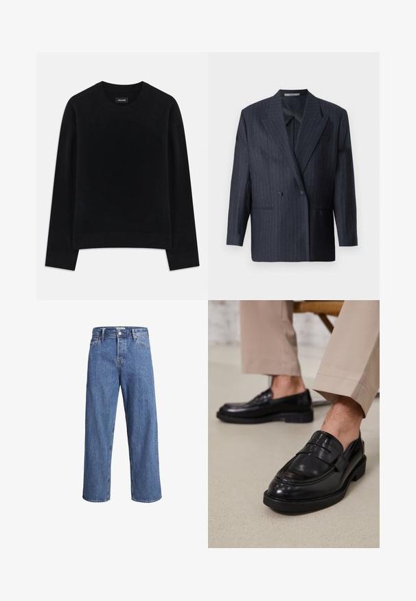 Tumesinine triibuline kahekordne jope laia kraega, valmistatud tekstureeritud kangast. Omab kott-taskute ja kahe nupu detaile.; Must have pehmeast kangast kampsun, mis on musta värvi, ümar kaelus, pikad varrukad, lõdva istuvusega ja soonikkoes ääristusega. Lihtne, ühtlane disain ilma mustriteta.; Heledad sinine teksapüksid sirge säärega, kõrge taljega ja minimaalse õmblustehnikaga. Kangas on pehme ja kergelt pleekinud tekstuuriga.; Mustad nahast mokassiinid sileda viimistlusega, dekoratiivse rihma ja kontrastõmblustega, koos beežide pükstega.