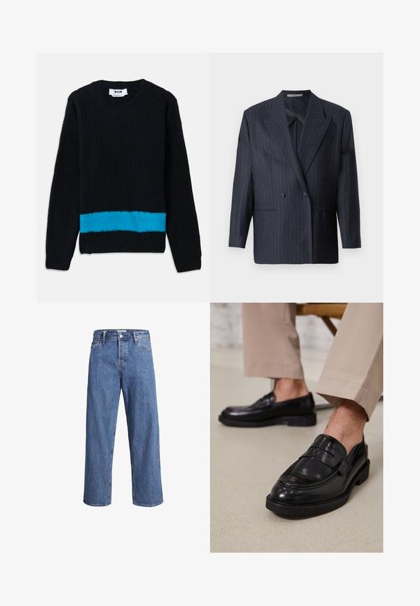 Tamsiai mėlynai dryžuotas dvigubas švarkas su plačiomis apykaklėmis, pagamintas iš tekstūruotos medžiagos. Yra kišenės ir du mygtukai.; Juodas megztinis su grubiomis tekstūromis, turintis horizontalią turkio spalvos juostą apačioje. Klasikinis apvalus iškirpimas ir ilgomis rankovėmis.; Šviesiai mėlynos džinsinės kelnės su tiesiu kirpimu, aukštu liemeniu ir minimaliais siuvimo detalėmis. Audinys yra minkštas, šiek tiek nublukęs.; Juodi odiniai loaferiai su lygia apdaila, su dekoratyvine juosta ir kontrastinėmis siūlėmis, derinami su bežinėmis kelnėmis.