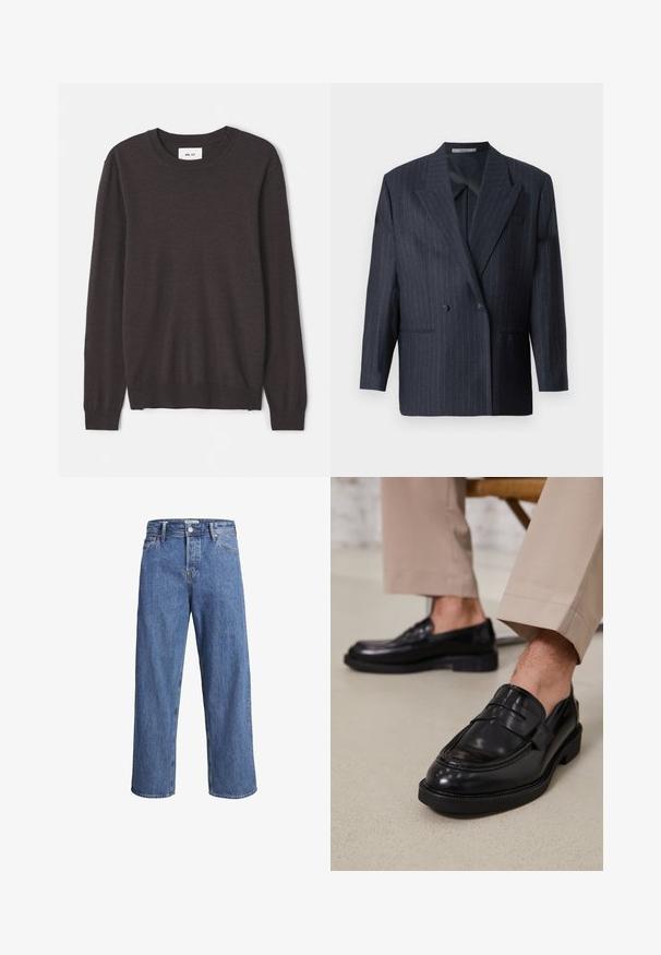 Marineblå stribede dobbeltradet blazer med brede klapper, lavet af tekstureret stof. Har stiklommer og to knapper.; Mørkebrun strikkegenser med rund hals, lange ermer, ribbede mansjetter og kant, glatt tekstur og minimal merkevarelabel.; Lyse blå denimjeans med rett ben, høy midje og minimale sømdetaljer. Stoffet har en myk, lett bleket tekstur.; Svarte skinnloafers med glatt overflate, med en dekorativ stropp og kontrastbroderi, sammen med beige bukser.