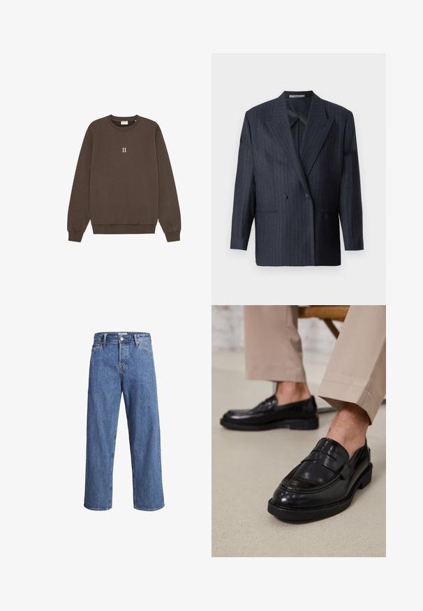 Námořnický pruhovaný dvouřadý blazer s širokými klopami, vyrobený z texturované tkaniny. Obsahuje náprsní kapsy a dva knoflíky.; Hnědá mikina vyrobená z bavlny, s kulatým výstřihem, žebrovanými manžetami a malým logem "II" umístěným na středu hrudi. Měkká textura.; Světle modré džíny z denimu s rovnými nohavicemi, vysokým pasem a minimem švů. Látka má jemnou, lehce vybledlou strukturu.; Černé kožené loafers s hladkým povrchem, zdobené páskem a kontrastním prošíváním, spárované s béžovými kalhotami.