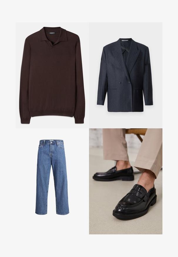 Námořnický pruhovaný dvouřadý blazer s širokými klopami, vyrobený z texturované tkaniny. Obsahuje náprsní kapsy a dva knoflíky.; Dondup REGULAR FIT SHIRT - Svetr - cioccolato; Světle modré džíny z denimu s rovnými nohavicemi, vysokým pasem a minimem švů. Látka má jemnou, lehce vybledlou strukturu.; Černé kožené loafers s hladkým povrchem, zdobené páskem a kontrastním prošíváním, spárované s béžovými kalhotami.