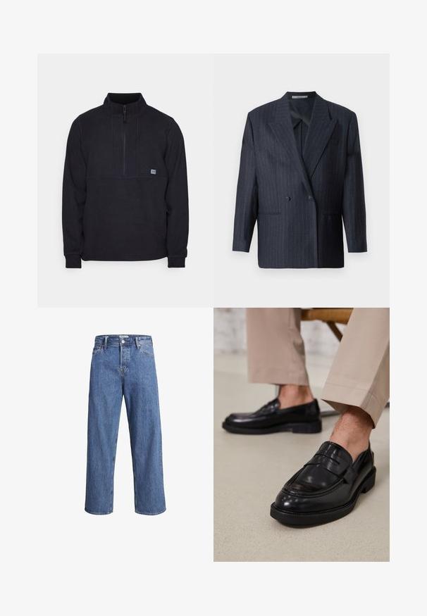 Tumesinine triibuline kahekordne jope laia kraega, valmistatud tekstureeritud kangast. Omab kott-taskute ja kahe nupu detaile.; Must värvi fleece pulli, millel on pool-kinnituskaelus, rinnaga seam detail ja väike logo vasakul küljel. Pehme tekstuur, pikad varrukad.; Heledad sinine teksapüksid sirge säärega, kõrge taljega ja minimaalse õmblustehnikaga. Kangas on pehme ja kergelt pleekinud tekstuuriga.; Mustad nahast mokassiinid sileda viimistlusega, dekoratiivse rihma ja kontrastõmblustega, koos beežide pükstega.