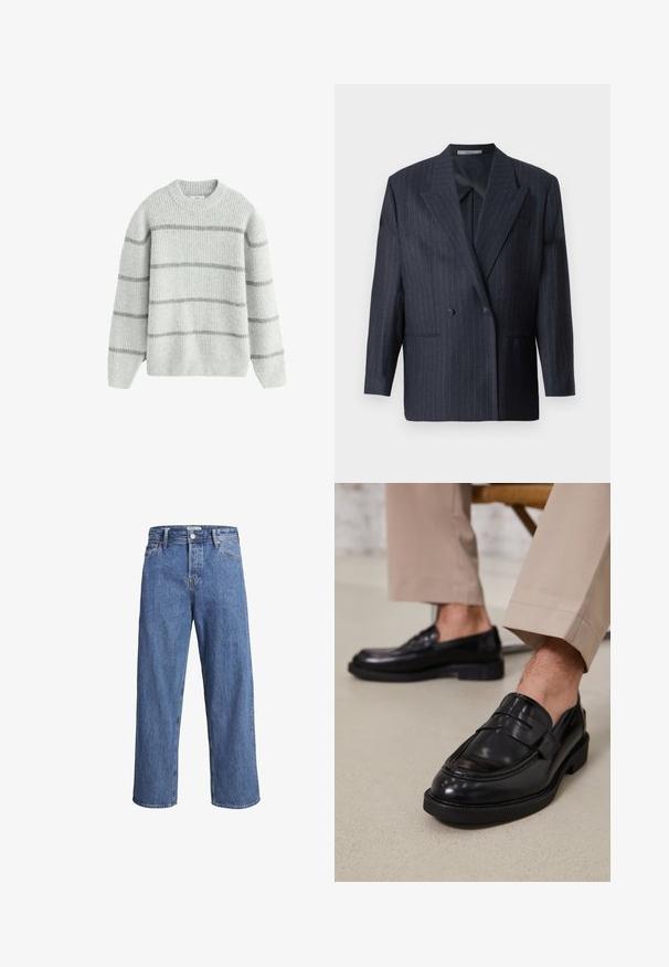 Navy pinstriped double-breasted blazer with wide lapels, made of textured fabric. Features patch pockets and two buttons.; Gray striped sweater made of a soft, textured fabric. Features a round neck and long sleeves with light and dark gray horizontal stripes.; Light blue denim jeans with a straight-leg design, high waist, and minimal stitching details. The fabric has a soft, slightly faded texture.; Black leather loafers with a smooth finish, featuring a decorative strap and contrast stitching, paired with beige trousers.