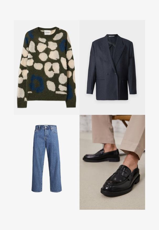 Marineblau gestreifter, doppelt geknöpfter Blazer mit breiten Revers, aus strukturiertem Stoff. Verfügt über aufgesetzte Taschen und zwei Knöpfe.; Strickpullover in Olivgrün mit weißen und blauen abstrakten Flecken. Verfügt über einen runden Halsausschnitt sowie gerippte Bündchen und Saum. Weiches, strukturiertes Material.; Hellblaue Denim-Jeans mit geradem Bein, hohem Bund und minimalen Nähdetails. Der Stoff hat eine weiche, leicht ausgewaschene Textur.; Schwarze Lederloafers mit glatter Oberfläche, ausgestattet mit einem dekorativen Riemen und Kontrastnähten, kombiniert mit beigen Hosen.