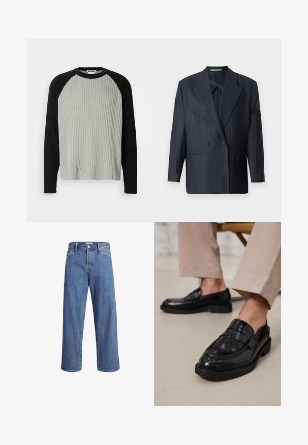 Tengerészkék, csíkos, kétsoros zakó széles hajtókákkal, texturált anyagból. Két oldalzsebbe és két gombbal rendelkezik.; Csíkos kötött pulóver, világosszürke testtel és fekete raglán ujjal. Kerek nyak, texturált anyag és laza szabás.; Világoskék farmernadrág, egyenes szárú dizájnnal, magas derekú és minimális varrási részletekkel. Az anyag puha, enyhén megfestett textúrájú.; Fekete bőr loaferek sima felülettel, díszítő pánttal és kontrasztos varrással, bézs nadrággal párosítva.