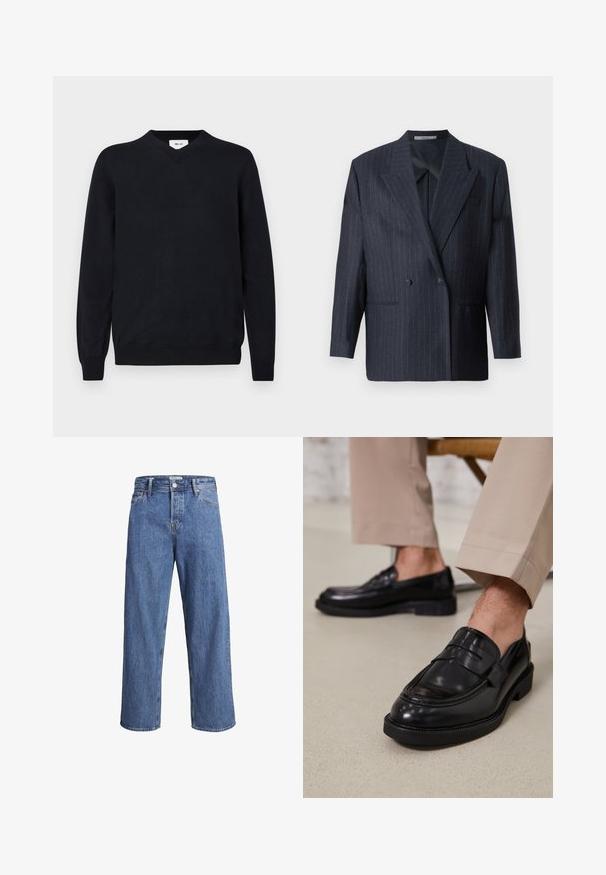 Blazer croisé à rayures marines, avec de larges revers, fabriqué dans un tissu texturé. Doté de poches appliquées et de deux boutons.; Pull noir à col en V en matériau doux, avec des manches longues et des poignets et un ourlet côtelés. Design minimaliste sans motifs visibles.; Jean en denim bleu clair avec une coupe droite, taille haute et des détails de couture minimes. Le tissu a une texture douce et légèrement délavée.; Mocassins en cuir noir avec une finition lisse, ornés d'une sangle décorative et de coutures contrastées, associés à un pantalon beige.