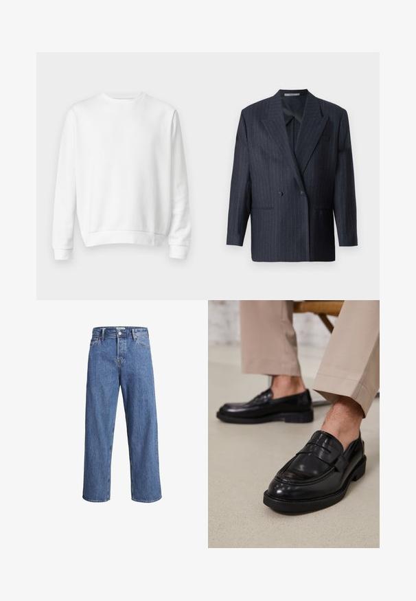 Marineblå stribet dobbeltradet blazer med brede revers, lavet af tekstureret stof. Funktioner lommer på fronten og to knapper.; Hvid crewneck sweatshirt lavet af blødt bomuldsstof. Lange ærmer, ribbede manchetter og kant, glat tekstur og minimalistisk design.; Lysblå denimjeans med en lige ben-design, høj talje og minimale syninger. Stoffet har en blød, let falmet tekstur.; Sorte lædermokkasiner med en glat overflade, der har en dekorativ rem og kontraststing, parret med beige bukser.