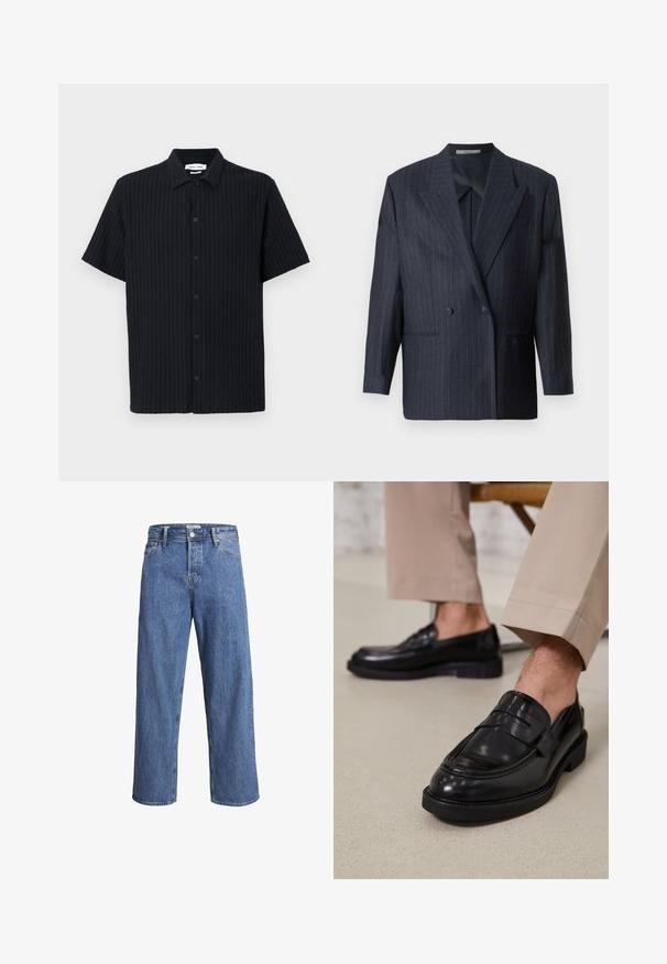 Námornícky pásikavý dvojradový blejzer so širokými klopami, vyrobený z textúrovanej látky. Obsahuje vrecká na nášivky a dve gombíky.; Krátky rukáv čierna košeľa s ryhovanou textúrou, zapínaním na gombíky a klasickým golierom. Bez viditeľných vzorov alebo akcentov.; Svetlomodré denimové džínsy so strihom rovného nohavice, vysokým pásom a minimálnymi detalmi šitia. Tkanina má mäkkú, mierne vyblednutú textúru.; Čierne kožené poltopánky s hladkým povrchom, so zdobným remienkom a kontrastným prešívaním, skombinované s béžovými nohavicami.