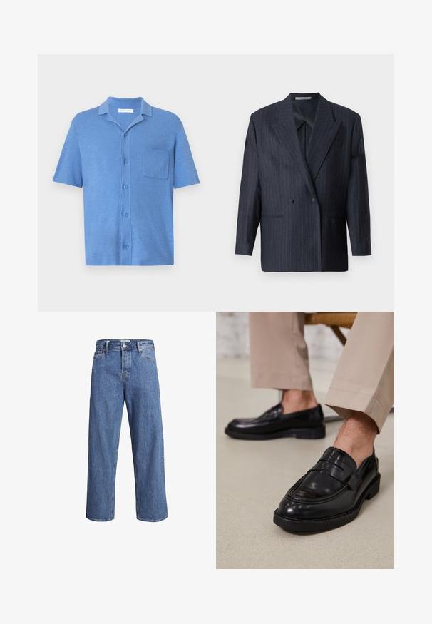 Marineblå stribede dobbeltradet blazer med brede klapper, lavet af tekstureret stof. Har stiklommer og to knapper.; Kortermet skjorte i lys blå, laget av mykt stoff. Har kragehals, knappfeste foran, og en enkelt brystlomme.; Lyse blå denimjeans med rett ben, høy midje og minimale sømdetaljer. Stoffet har en myk, lett bleket tekstur.; Svarte skinnloafers med glatt overflate, med en dekorativ stropp og kontrastbroderi, sammen med beige bukser.