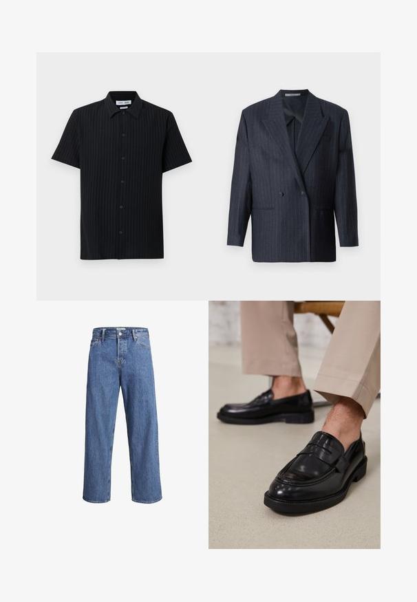 Marineblauwe gestreepte dubbelgeknoopte blazer met brede revers, gemaakt van een textuurstof. Voorzien van opgestikte zakken en twee knopen.; Zwart shirt met korte mouwen, voorzien van een gestructureerd verticaal streeppatroon, knoopsluiting aan de voorkant en een klassieke kraag met een ontspannen pasvorm.; Lichtblauwe denimjeans met een recht model, hoge taille en minimale stiksels. De stof heeft een zachte, licht vervaagde textuur.; Zwarte leren loafers met een gladde afwerking, voorzien van een decoratieve band en contrasterende stiksels, gecombineerd met beige broeken.