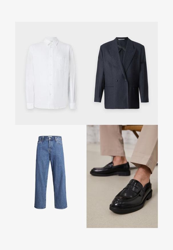 Marineblau gestreifter, doppelt geknöpfter Blazer mit breiten Revers, aus strukturiertem Stoff. Verfügt über aufgesetzte Taschen und zwei Knöpfe.; Weißes Leinenhemd mit langen Ärmeln, Knopfleiste und einer Brusttasche. Weicher Stoff und lockere Passform. Geeignet für die Freizeit.; Hellblaue Denim-Jeans mit geradem Bein, hohem Bund und minimalen Nähdetails. Der Stoff hat eine weiche, leicht ausgewaschene Textur.; Schwarze Lederloafers mit glatter Oberfläche, ausgestattet mit einem dekorativen Riemen und Kontrastnähten, kombiniert mit beigen Hosen.