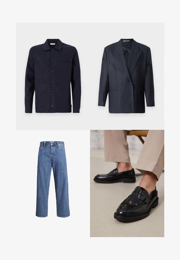 Marineblauwe gestreepte dubbelgeknoopte blazer met brede revers, gemaakt van een textuurstof. Voorzien van opgestikte zakken en twee knopen.; Marine button-up shirt met een klassieke kraag, twee voorzakken, lange mouwen en een gladde katoenstructuur.; Lichtblauwe denimjeans met een recht model, hoge taille en minimale stiksels. De stof heeft een zachte, licht vervaagde textuur.; Zwarte leren loafers met een gladde afwerking, voorzien van een decoratieve band en contrasterende stiksels, gecombineerd met beige broeken.