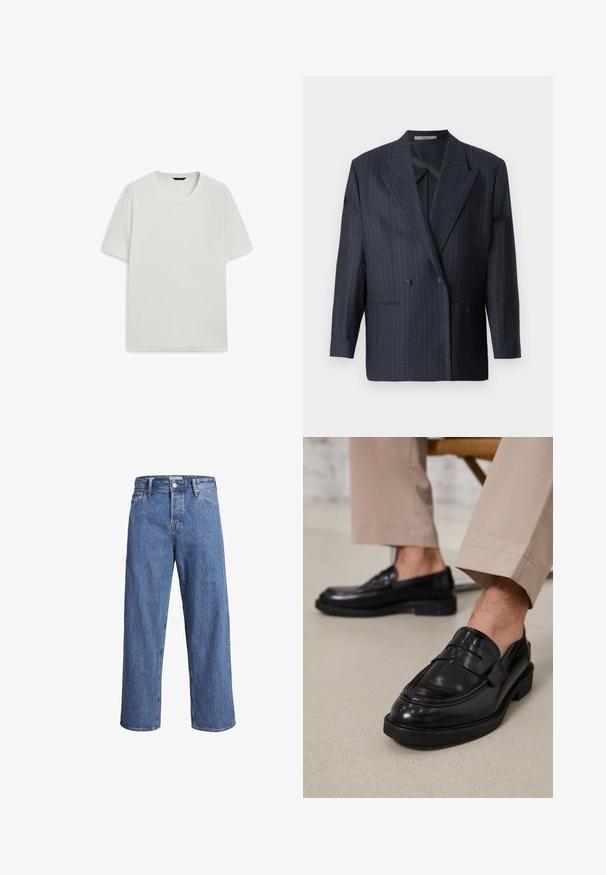 Marineblå stribet dobbeltradet blazer med brede revers, lavet af tekstureret stof. Funktioner lommer på fronten og to knapper.; Hvid kortærmet t-shirt lavet af bomuld, med rund udskæring og en afslappet pasform uden synlige mønstre eller detaljer.; Lysblå denimjeans med en lige ben-design, høj talje og minimale syninger. Stoffet har en blød, let falmet tekstur.; Sorte lædermokkasiner med en glat overflade, der har en dekorativ rem og kontraststing, parret med beige bukser.