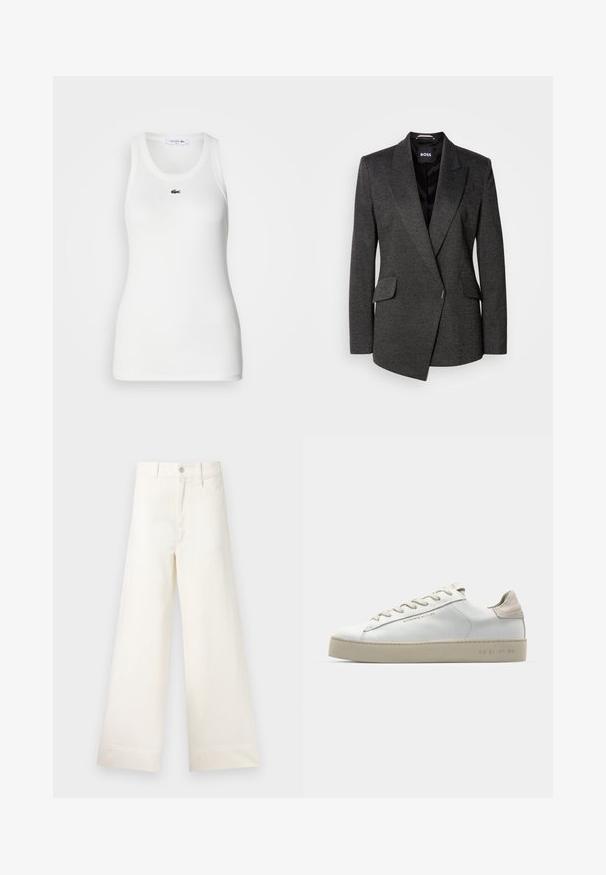 Dunkelgrauer Blazer aus strukturiertem Stoff, mit Spitzenrevers und einreihigem Design. Verfügt über zwei Fronttaschen und eine geschichtete Vorderseite.; Weißes ärmelloses Tanktop mit rundem Halsausschnitt und geripptem Material. Auf der Brust befindet sich ein kleines grünes Lacoste-Krokodil-Logo.; Weite Hosen aus hellem beigen Baumwollstoff. Mit hoher Taille, vorderen Taschen und geradem Schnitt. Saubere Saumverarbeitung ohne Muster.; Weiße Leder-Sneaker mit glatter Oberfläche, beigen Wildleder-Akzenten, runder Zehenpartie, flachem Schnürdesign und einer strukturierten Gummisohle.